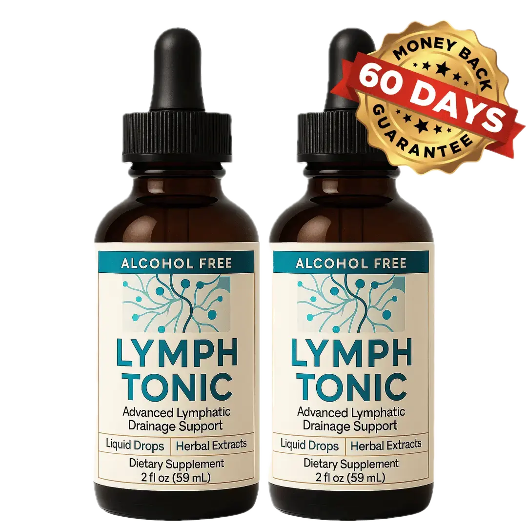 Lymph Tonic dietary supplement liquid drops bottle with 60-day money-back guarantee badge